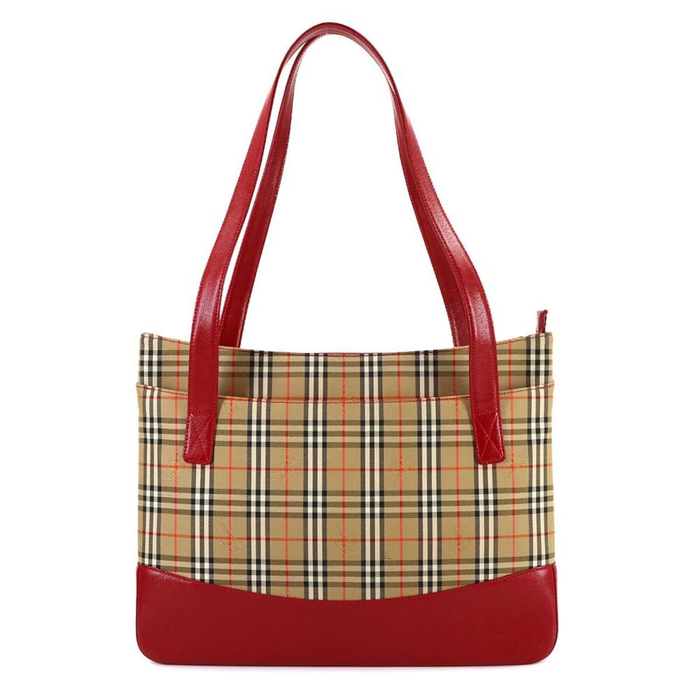 Burberry Haymarket Check Tote Handbag, Canvas and Leather, Brown, Red, Gold H...